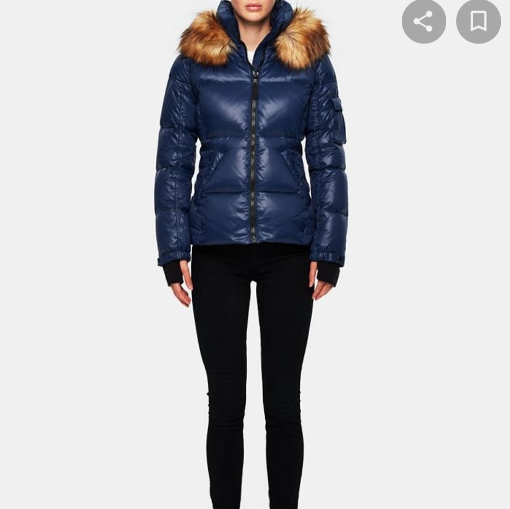 S13 faux fur trim hooded down navy puffer coat-Worn but in good condition size M